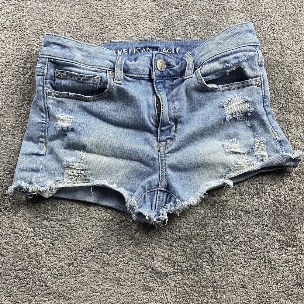 American Eagle Stretch Mid Rise Shortie Jean Womens 4 Blue Raw Hem Distressed